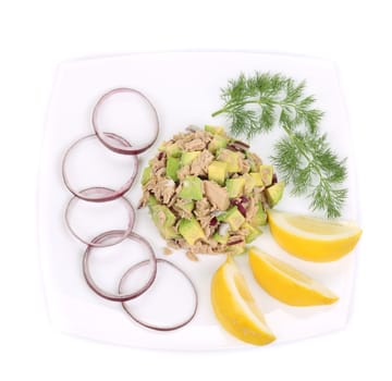 Avocado salad with tuna. Isolated on a white background.