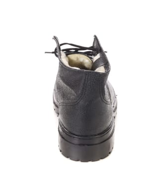 Back side of black boot. Isolated on a white background.