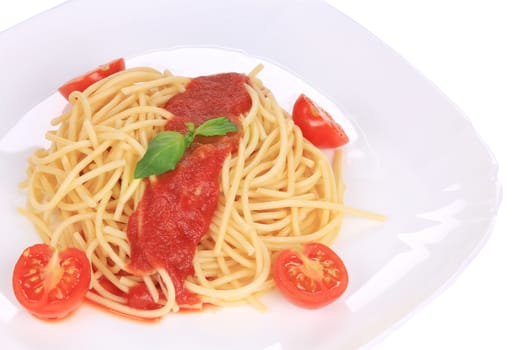 Italian pasta with tomato sauce. Isolated on a white background.
