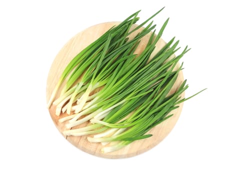 Fresh spring onion on platter. Isolated on a white background.