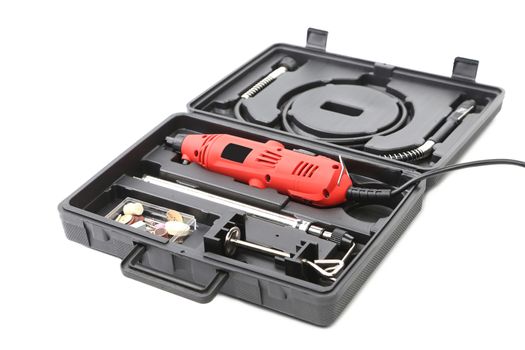 Plastic case with multiple head screwdriver. Isolated on a white background.