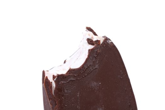 Bitten ice cream on stick. Isolated on a white background.