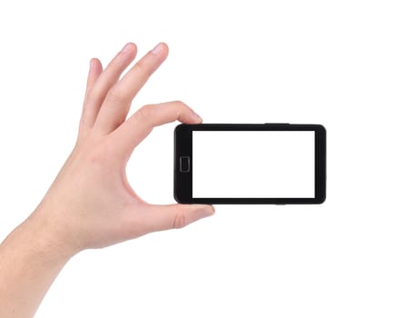 Screen mobile phone in hand. On a white background.