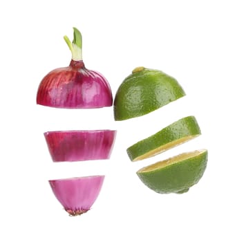 Sliced ??red onion and lime. Isolated on a white background.
