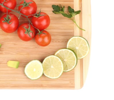 Assorted vegetables and fruits. On a white background.