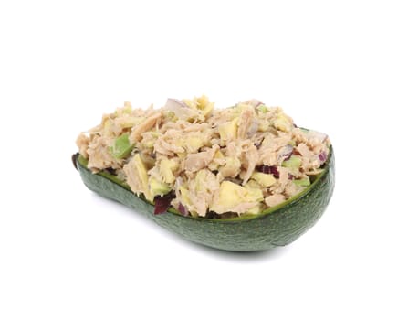 Avocado salad with tuna. Isolated on a white background.