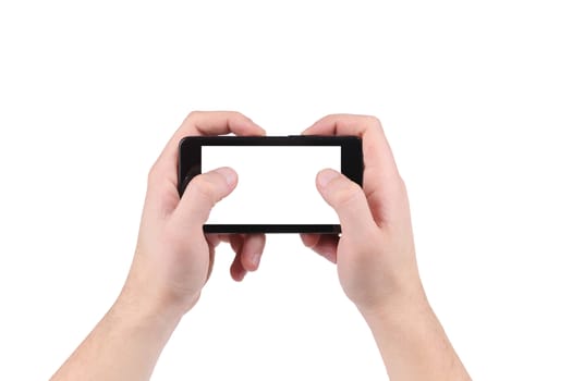 Screen mobile phone in hand. Isolated on a white background.