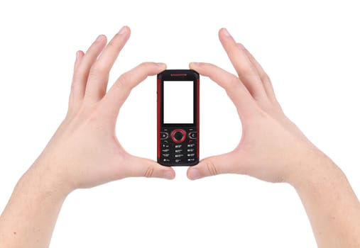 Mobile phone in hands. Isolated on a white background.
