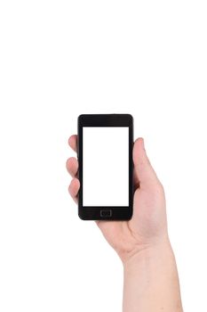 Screen mobile phone in hand. Isolated on a white background.