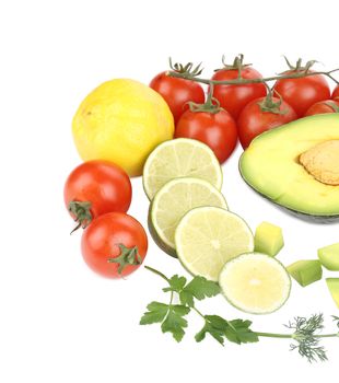 Citrus with avocado and cherry. Isolated on a white background.