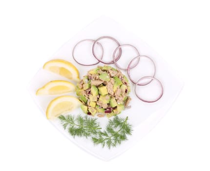 Avocado salad with tuna. Isolated on a white background.