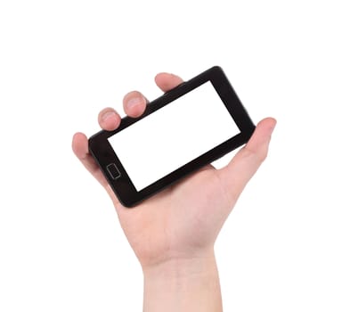 Hand holding smartphone. Isolated on a white background.