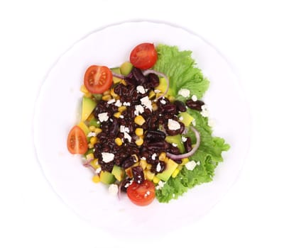 Red beans salad with feta cheese. Isolated on a white background.