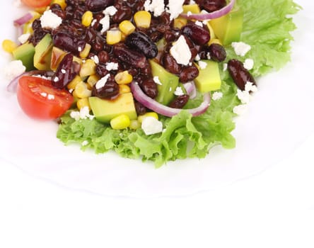 Red beans salad with feta cheese. Isolated on a white background.