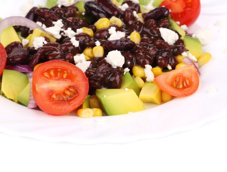 Red beans salad with feta cheese. Isolated on a white background.