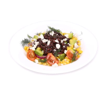 Red beans salad with feta cheese. Isolated on a white background.