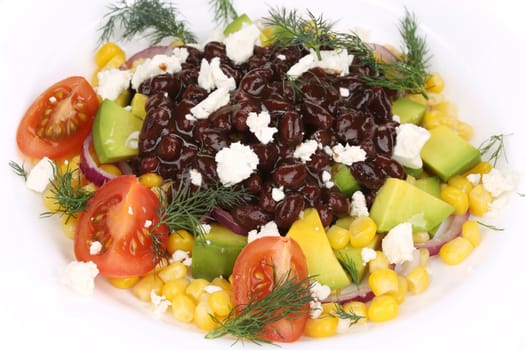 Red beans salad with feta cheese. Isolated on a white background.
