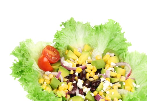 Red beans salad with feta cheese. Isolated on a white background.