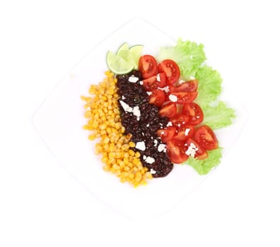Red beans salad with feta cheese. Isolated on a white background.