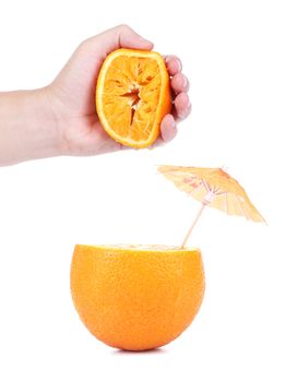 Hand holding juicy orange. Isolated on a white background.