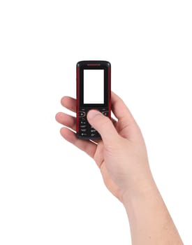 Mobile phone in man hand. Isolated on a white background.