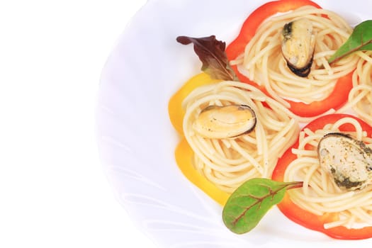 Seafood salad with spaghetti. Isolated on a white background.