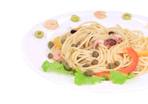 Seafood salad with spaghetti. Isolated on a white background.