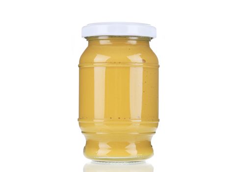 Mustard glass bottle. Isolated on a white background.