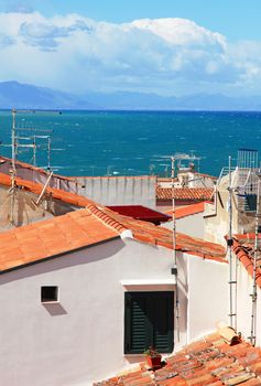 Italy. Sicily island . Province of Palermo. View of Cefalu. Roofs 