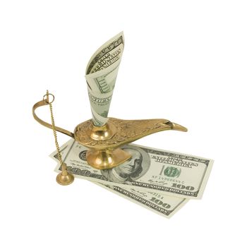 Dollar bill sticking out of magic lamp of Aladdin. Isolated on white background