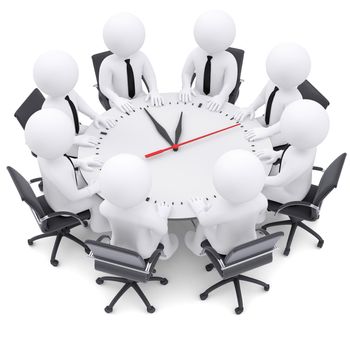 3d white people sitting at the round table. On the table a large clock. The concept of time