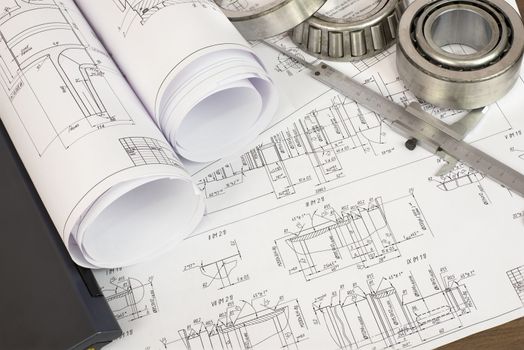 Construction drawings, caliper and bearing. Desk Engineer