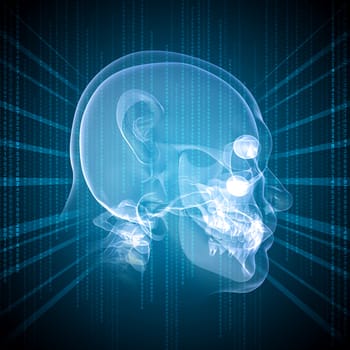 X-ray image of a man's head, graphics and communication in the background