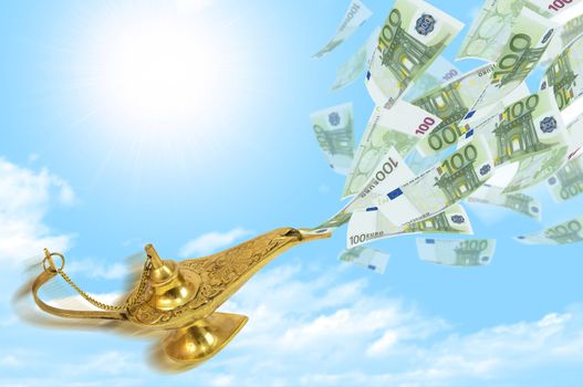 Money fly out of Aladdin's magic lamp. Business concept