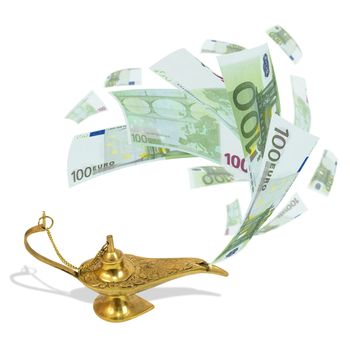 Money fly out of Aladdin's magic lamp. Business concept