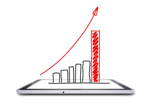 On the screen of the tablet is a growth graph. Concept of success