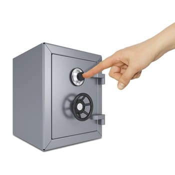 Hand pointing to the safe. Isolated on white background. safety concept