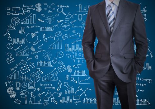 Man in suit and business plan. Business sketches on blue background