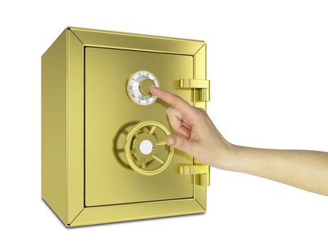 Hand touching the gold safe. Isolated on white background. safety concept