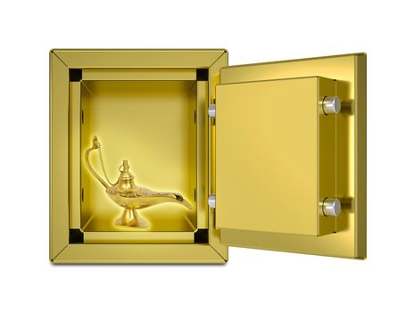 Magic Lamp is in the open safe. Isolated render on a white background