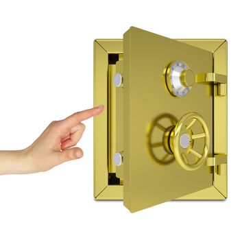 Hand pointing to the open gold safe. Isolated on white background. safety concept