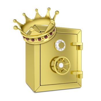 Gold crown and gold safe. Isolated on white background