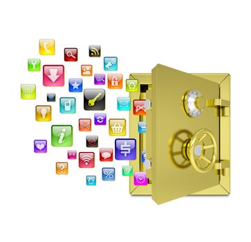 Application icons in the open safe. Isolated on white background