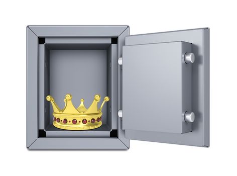 Gold crown in open safe. Isolated on white background