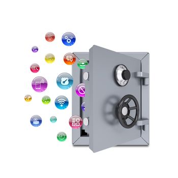 Application icons in the open safe. Isolated on white background
