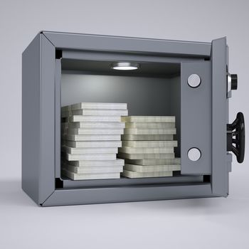 Wads of cash in an open metal safe. Render on a gray background