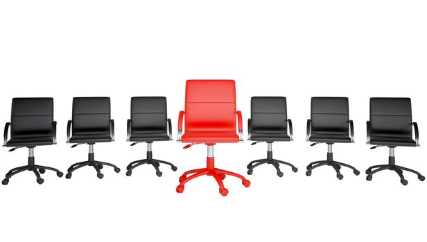 Series of black and one red office chair isolated on a white background. The concept of a leader