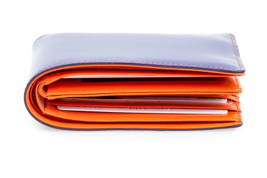 blue and orange  leather wallet on white background