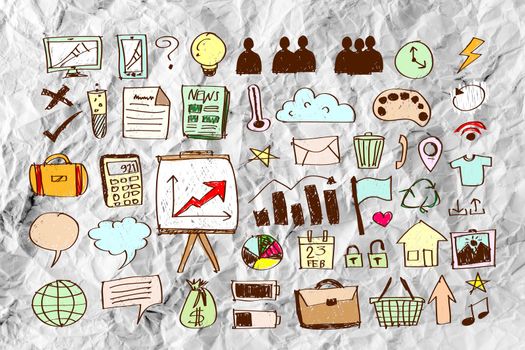 Hand doodle Business icon set idea design on crumpled paper