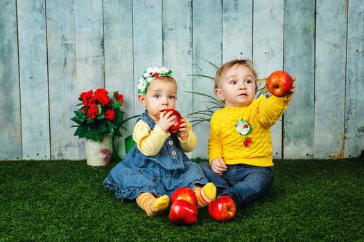 Little brother and sister having fun playing on the lawn with apples